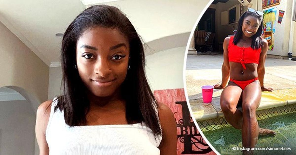 Gymnast Simone Biles Flaunts Her Enviable Figure In Red Swimsuit By The Pool In A New Picture