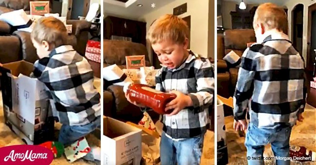 Little boy gets a bottle of ketchup for Christmas and his reaction is