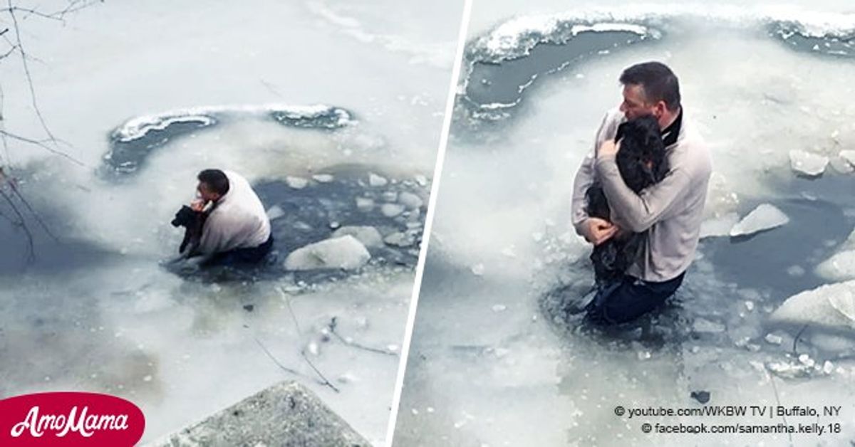 Man jumps into the frozen creek in a daring attempt to save a helpless ...
