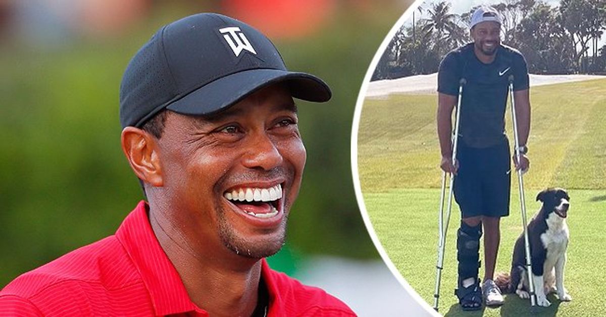 Tiger Woods Enjoys a Sunny Day Walking In Crutches & Brace Boot with(01)